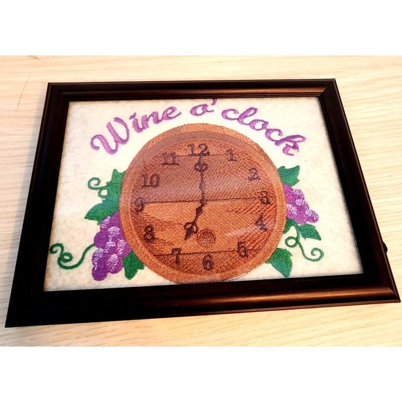 Embroidered 8" x 6" Frame Says Wine O'clock Clock Face Grapes Leaves Harbortown - Picture 5 of 8